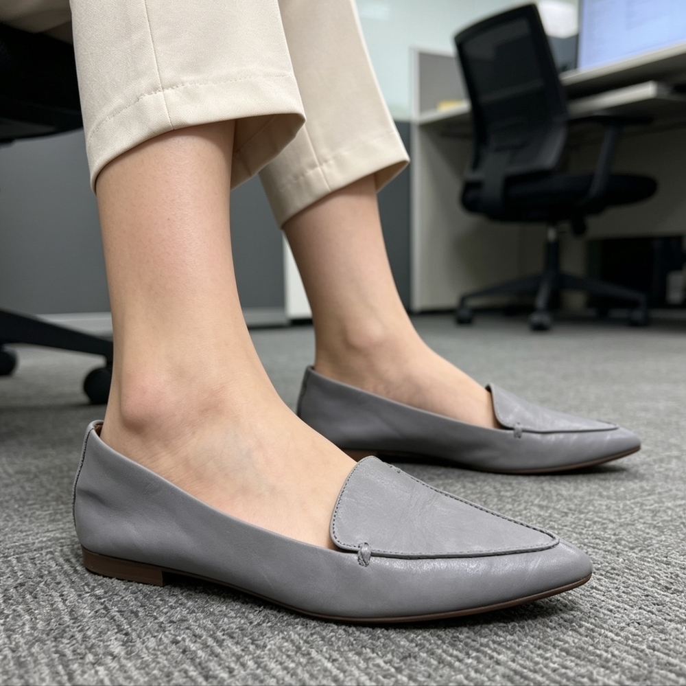 J.Crew Gray Leather Loafers Size 7.5 Pointed Toe Flats Minimalist Chic Shoes